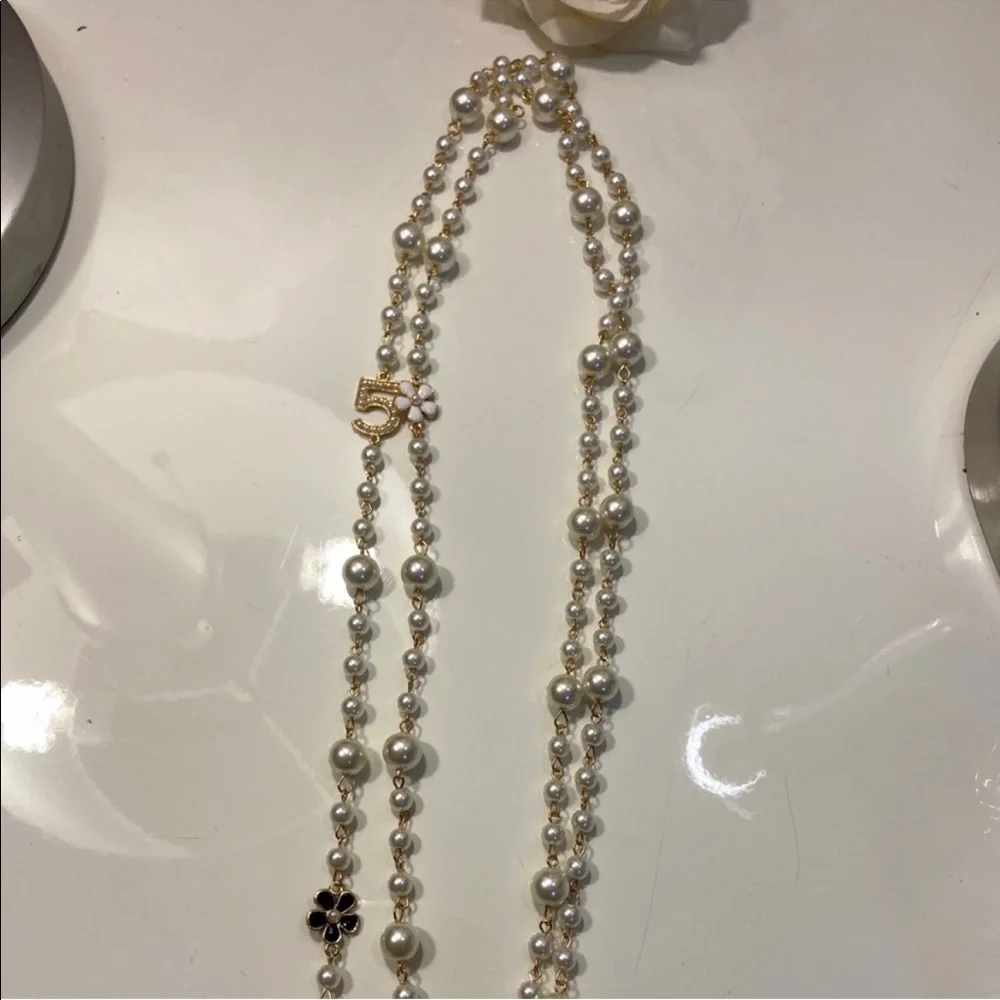 New Pearl Camellia Number5 Flower Double Long Necklace